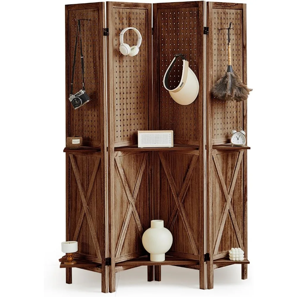 

4 Panel Room Divider with Shelves, 5.6Ft Pegboard Display with 16 Hooks, Wood Room Divider, Folding Privacy Screen, Freestanding