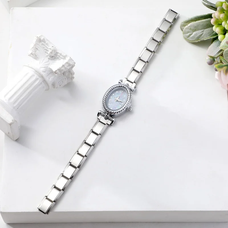 1PC Vintage 9MM DIY Charm Stainless Steel Zircon Shiny Watch Bracelet Bangle High Quality Oval Watch Head Christmas Jewelry Gift