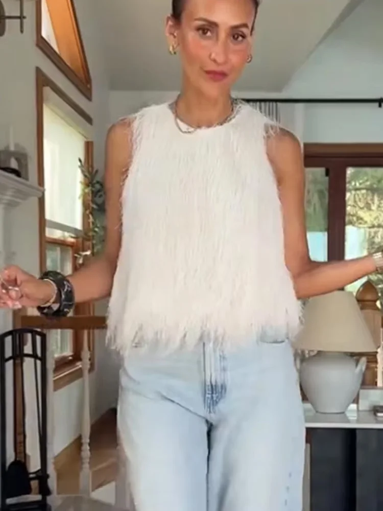 HH mujeres moda borla decorado Casual estilo callejero Top corto verano mujer Chic Sexy cuello redondo forro sólido ajustado chaleco Tops