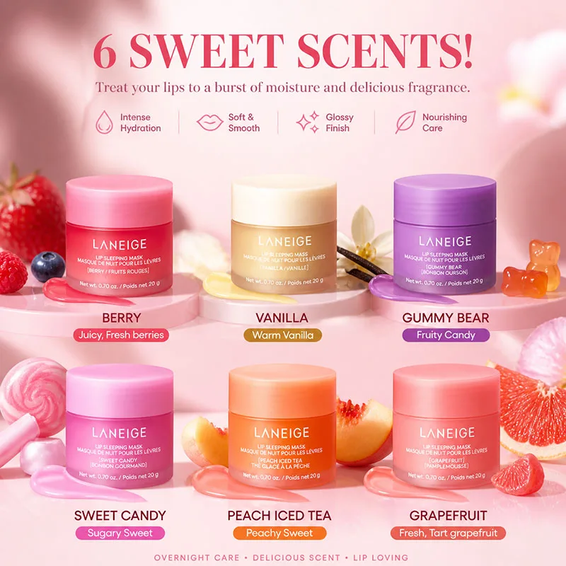 Mascarilla Labial Nocturna Laneige Vanilla Sweet Candy Gummy Bear, Bálsamo Labial Reparador Nocturno, Bálsamo Hidratante, Exfoliante, Bálsamo con Brillo
