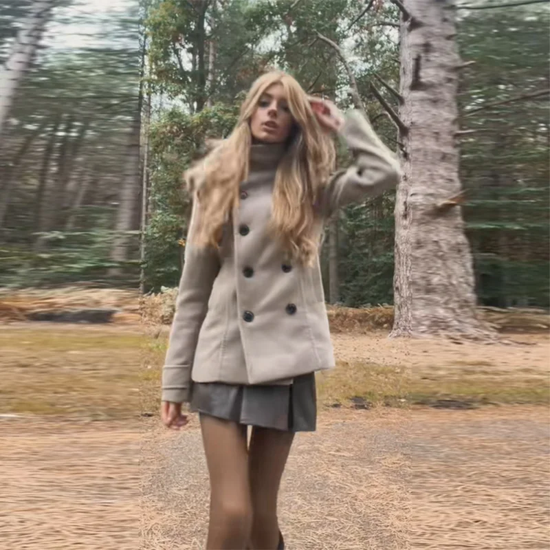 Stand Collar Winter Jacket for Women Double Breasted Pockets Coat Slim Waist Cinched Outwear 2025 New Fashion Lady Woolen Coats