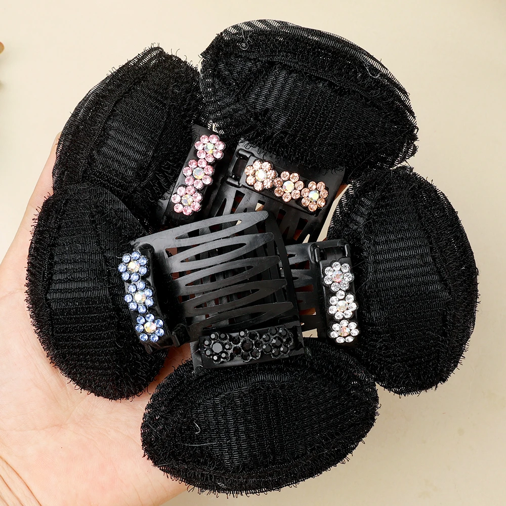 Rhinestone Flower Puff Hair Head Cushion, Invisible, Fluffy, Hair Pad, Esponja, Clip Bun, Base para Mulheres, Meninas, Acessório de Cabelo