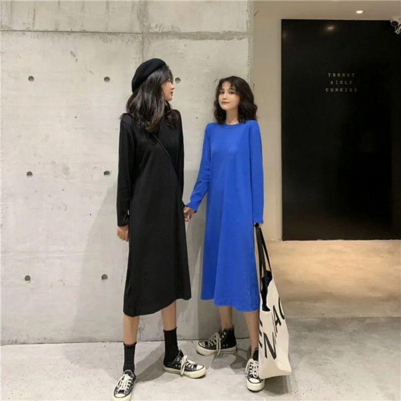 New Style Korean Version All-match Solid Color Dresses Waist in Look Slimmer Mid-length Style Long Sleeve Schoolgirl Nightdress