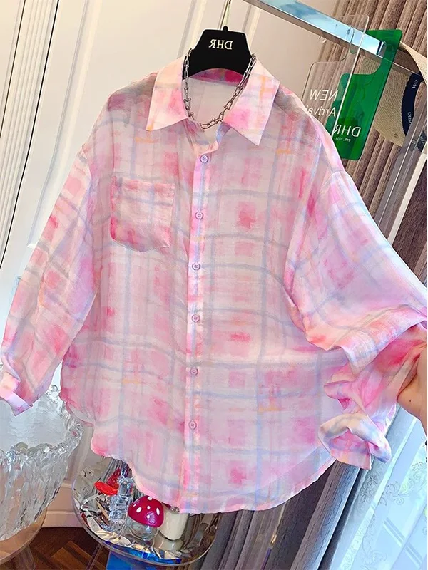 

plus Size 240 Pounds Dopaamine Gradient Plaid Women's Summer Thin Long Sleeve Sun Protection Shirt Loose Fit Commute Style