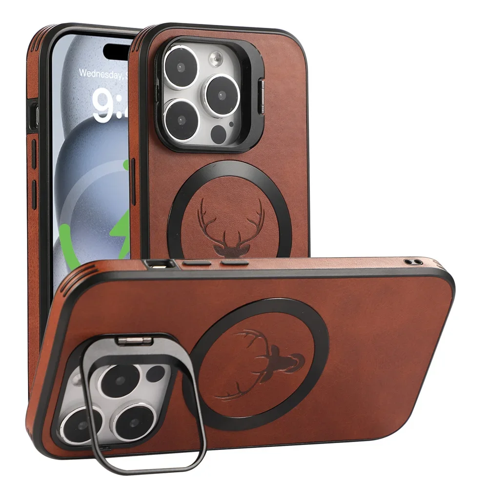 Luxury Leather Elk Deer Head Case For iPhone 15 14 13 12 Pro Max 15 Plus Invisible Lens Stand Bracket for Magsafe Magnetic Cover