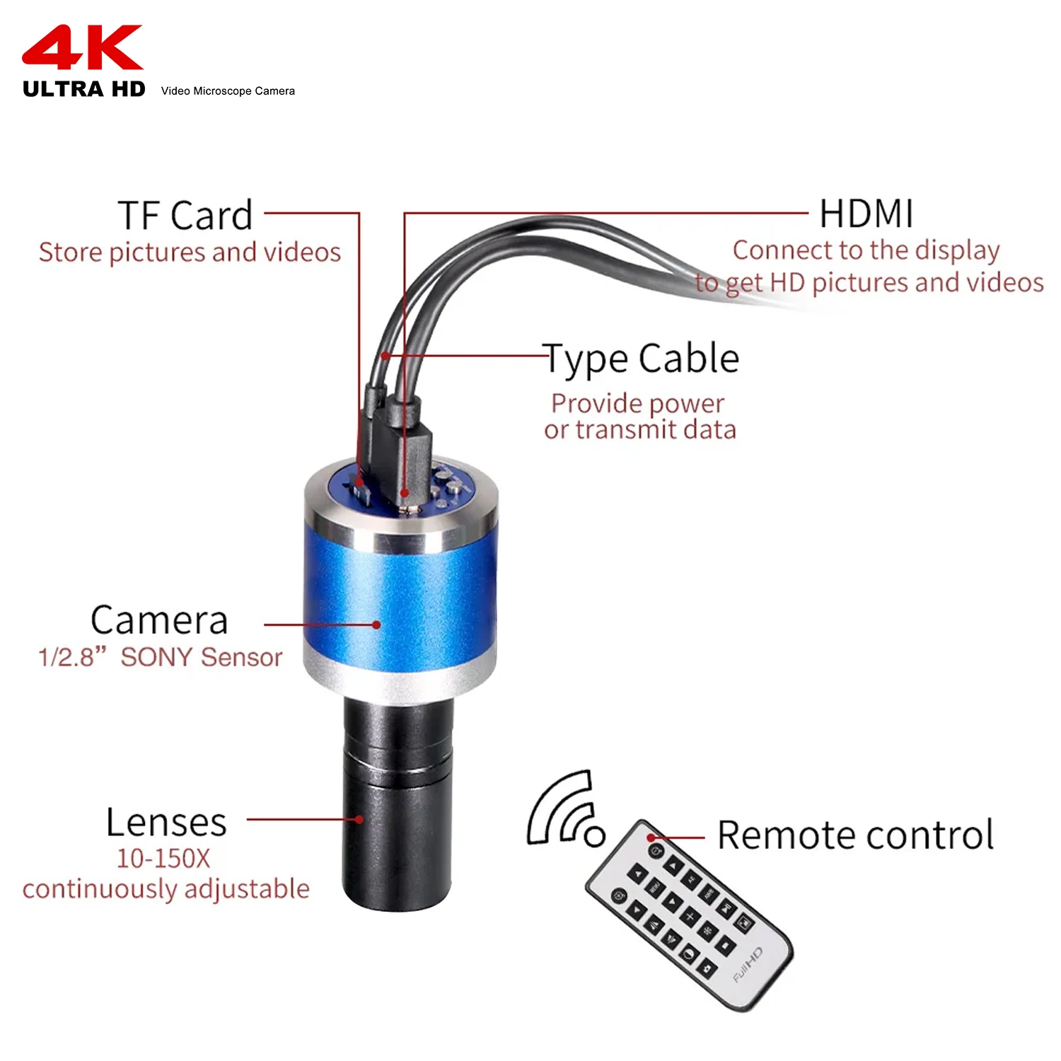 YIZHAN-4K Microscópio Digital para Solda Eletrônica, Microscópio Coin, 48MP, 60FPS Câmera, HDMI, USB, 150x Lente, Suporte, Windows, Mac