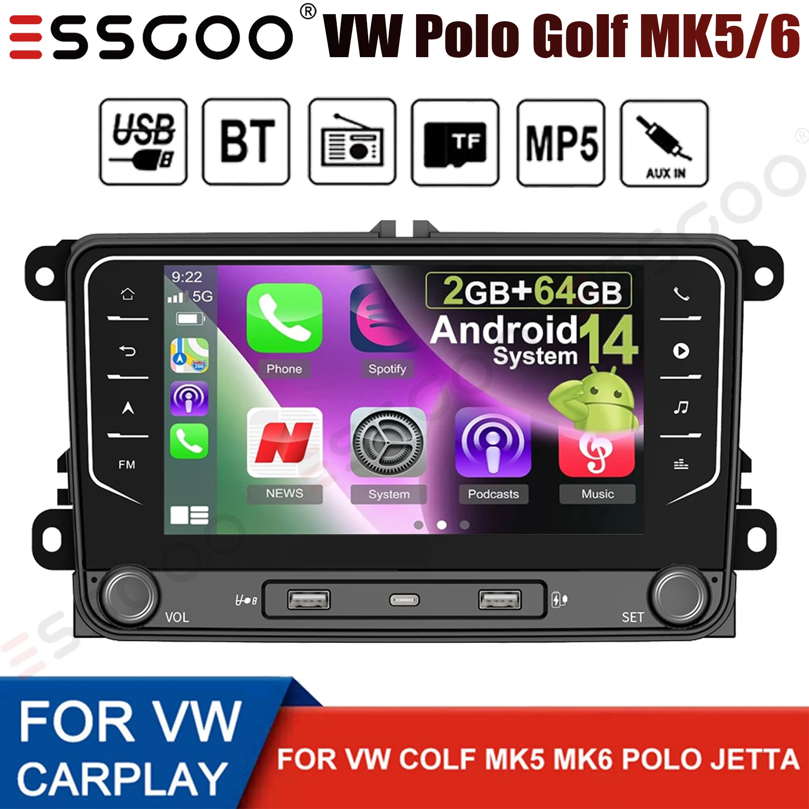 راديو ستيريو للسيارة مقاس 7 بوصات لسيارة VW Golf 5 6 Plus Touran Caddy Jetta Passat Polo T5 Rabbit 64GB Carplay GPS Navigation BT WIFI + DVR وكاميرا #1