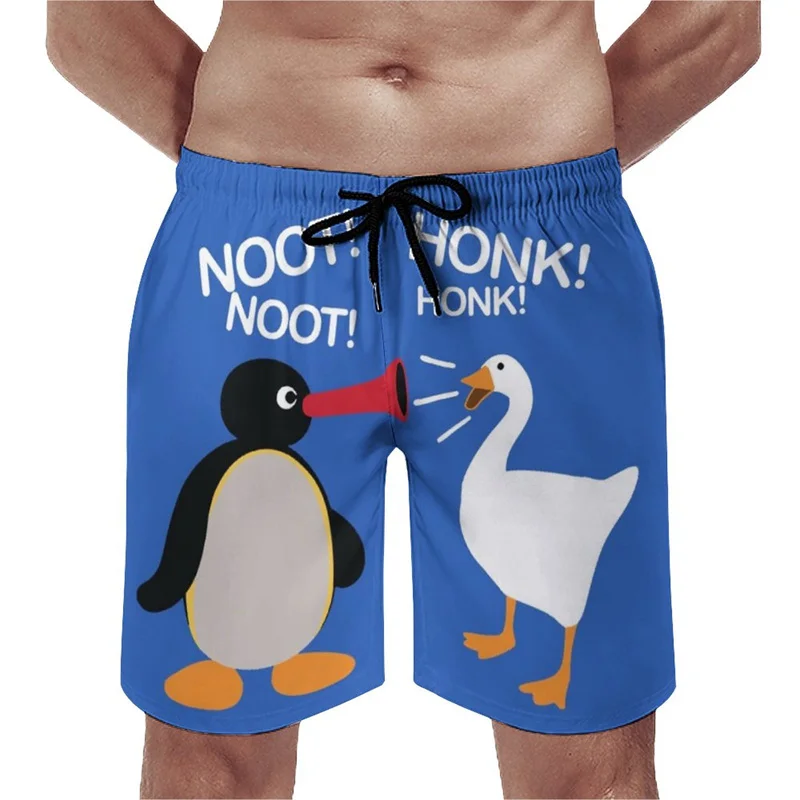 Cartoon Penguin 3D Printed Beach Shorts For Men Animal Pattern Surfing Board Shorts Summer Vacation Streetwear Kids Short Pants