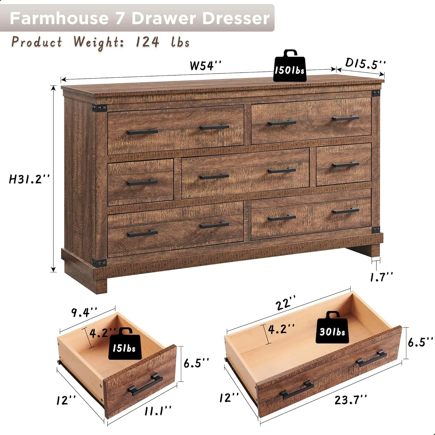 Farmhouse 7 Drawers Dresser for Bedroom, Large Chest of Drawers with Thick Plank Styling, Wood Closetfor Bedroom or Living Room