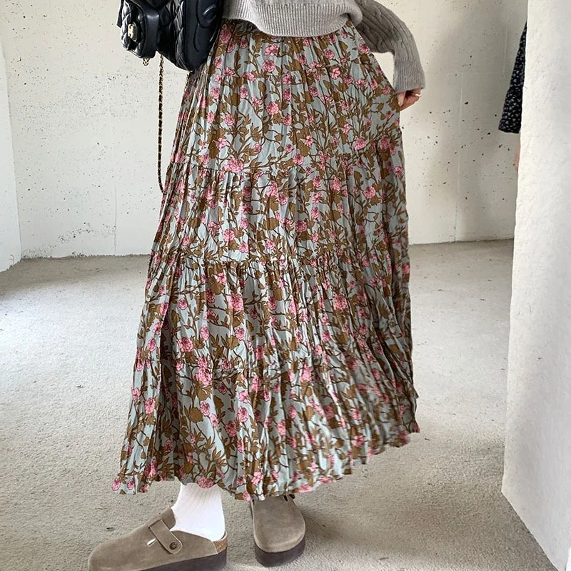 Korean Style Floral Skirts Women High-waisted A-line Slim Thin Fashion Autumn and Winter New Arrival Daily Basic Skirts Female