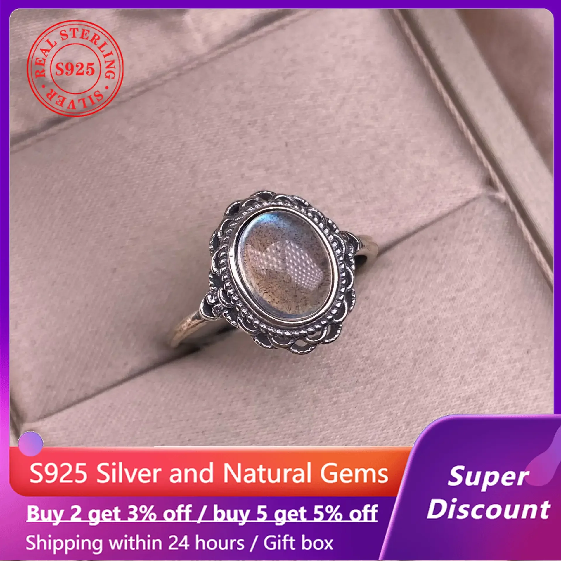 

Natural Moon Stone Ring s925 Silver Vintage Hollow Exquisite Pattern Women's Ring Party Jewelry Accessories Valentine's Day Gift