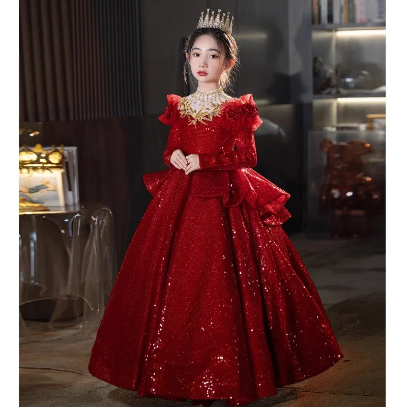 High-end, Light Luxury Niche Girls' Evening Gowns Red Host Princess Dress Fashion Show Children's Piano Performance Costume