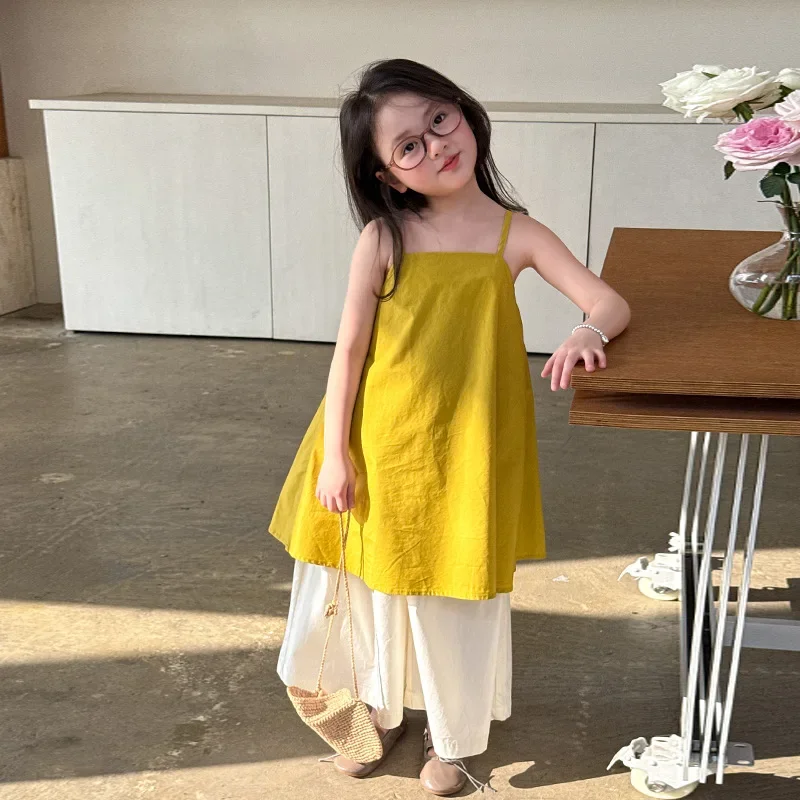 

Girls Skirt 2025 Summer New Childrens Wear Korean Baby Girl Fashion Solid Color Strap Princess Dress Casual Simple and Sweet