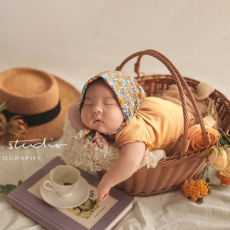 Infants Photography Props Outfit Jumpsuit Printed Turban Clothes 2pcs/Set Knit Stretch Wrap 0-3 Month Baby Shooting Photo Props