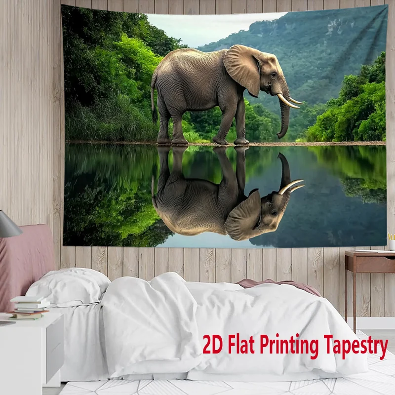 African Elephant Nature Tapestry Wildlife Reflection Lake Wall Hanging Animal Decor Bedroom Print