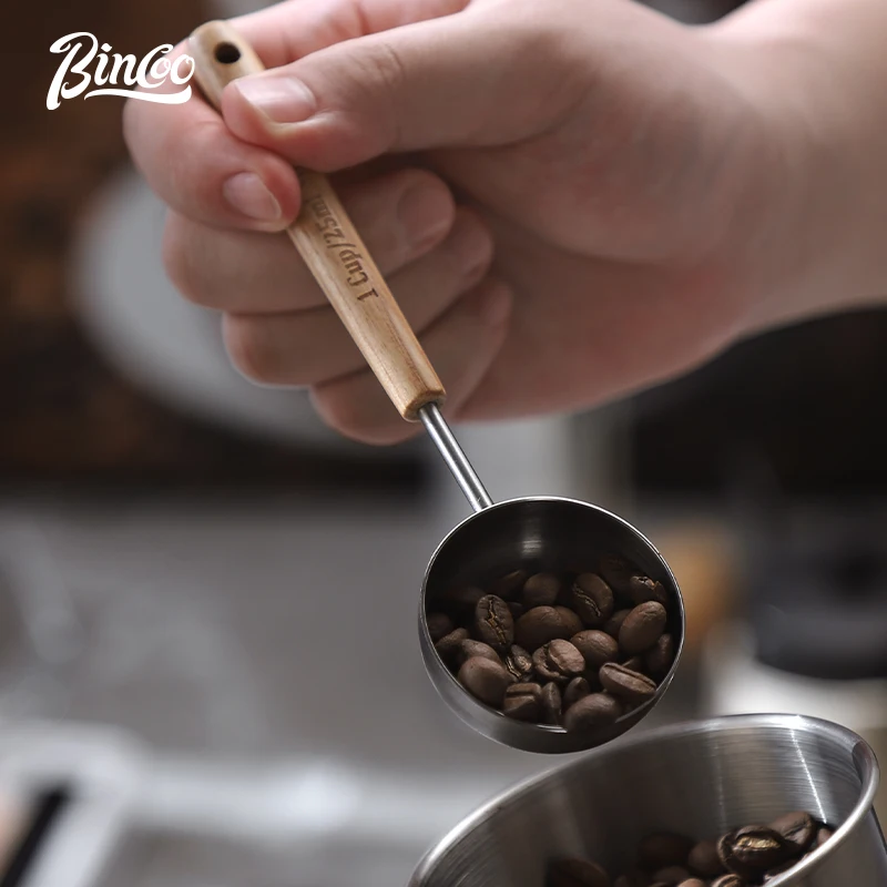 Bincoo coffee bean spoon, wooden handle measuring spoon, weighing coffee powder spoon, household 304 stainless steel spoon