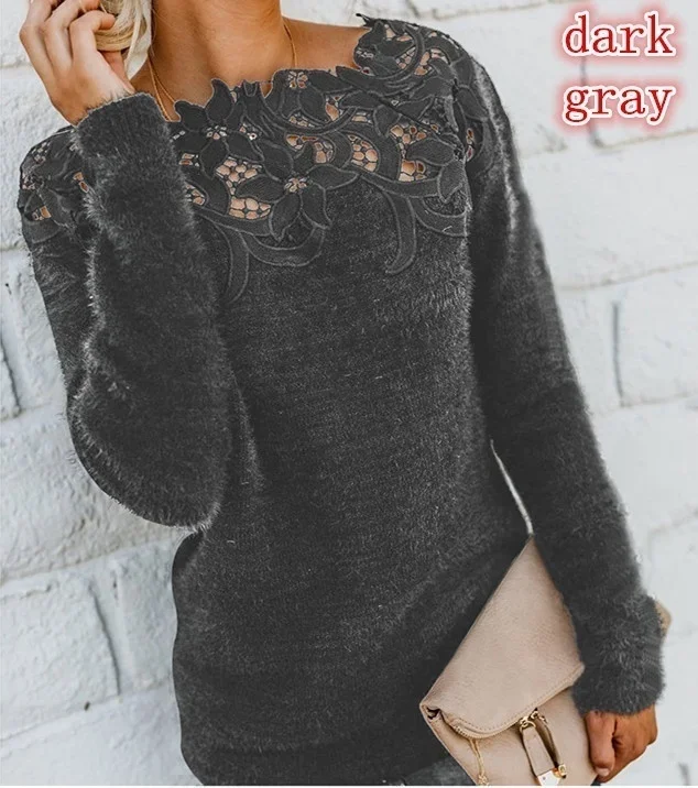 2024 Large Size Womens Ladies Long Sleeve Lace Floral Print Pullover Long Sleeve Round Neck Hollow Out Sweater Jumpers