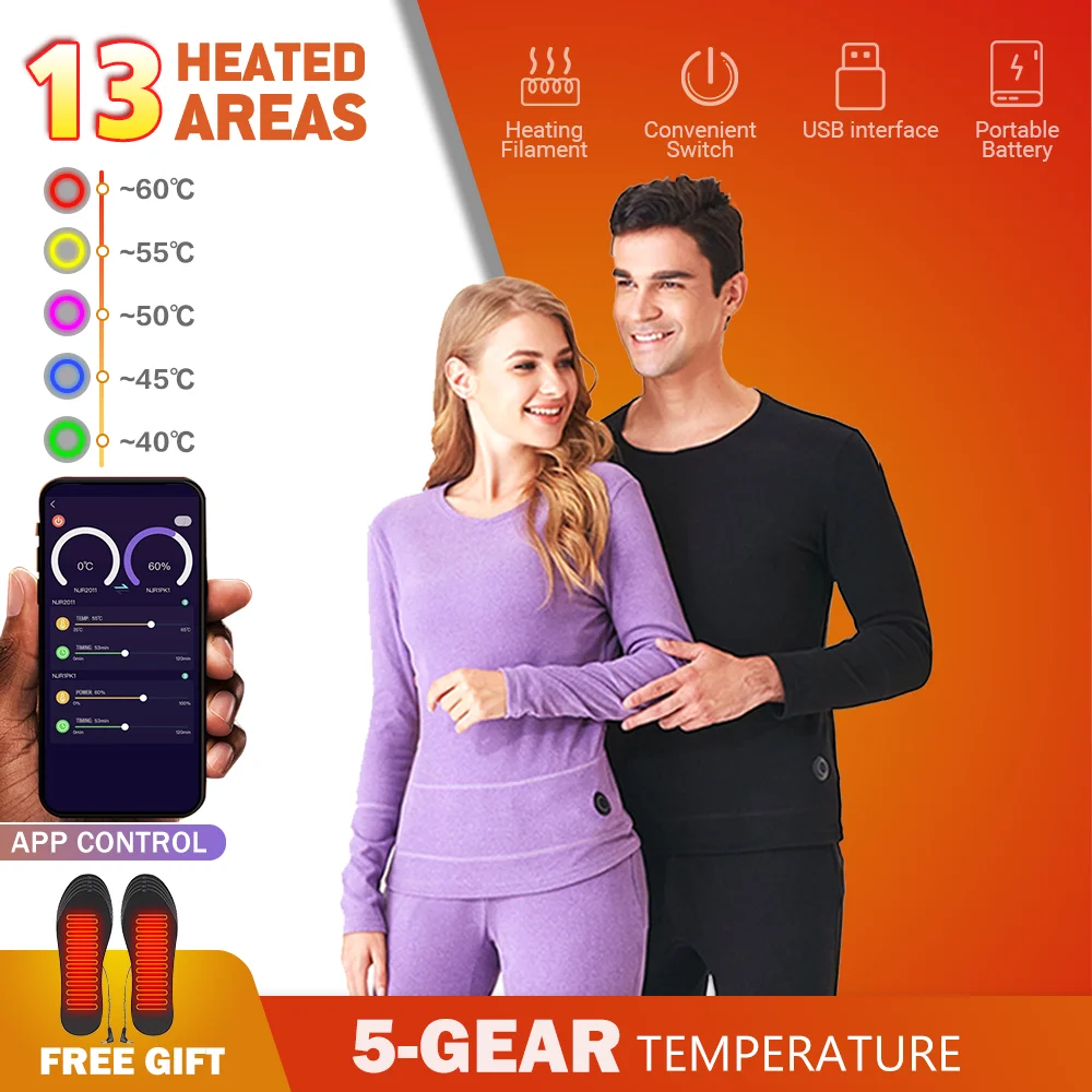 Heated Thermal Underwear Men Heating Motorcycle Jacket Underwear Clothes Smart Phone APP Control Temperature USB Battery Powered