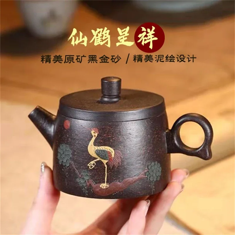 Imagem -03 - Handmade Yixing Bule Ouro Preto Areia Argila Chaleira Longevidade Saúde Guindaste Design Puer Chá Kung fu Brew Chaleira