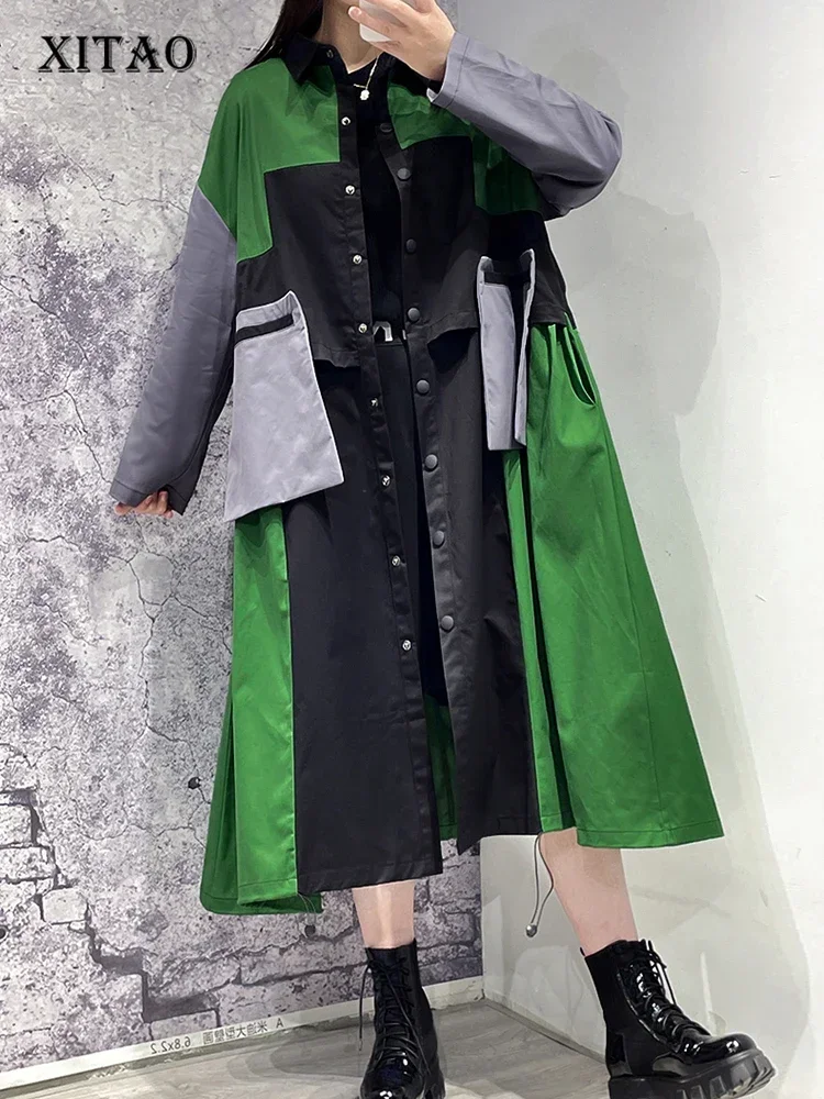 XITAO Contrast Color Patchwork Women Trench Loose Fashion Personality Coat 2023 Autumn All-match Trendy Trench WLD6752