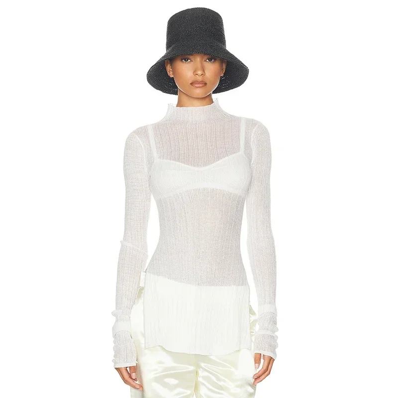 

See Through Solid Color High Neck Pullover T-Shirt Long Sleeve Split Ribbed Knit Top Women Side Slit Sexy Wear 2024