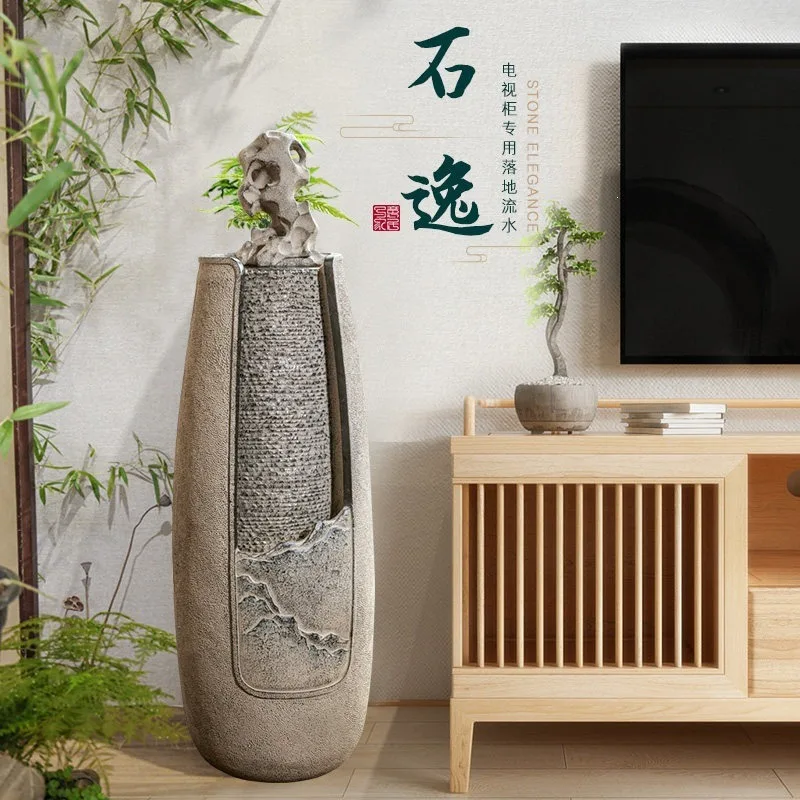 New Chinese-style floor-to-ceiling flowing water ornament, decorative water feature next to TV cabinet in living room, indoor la