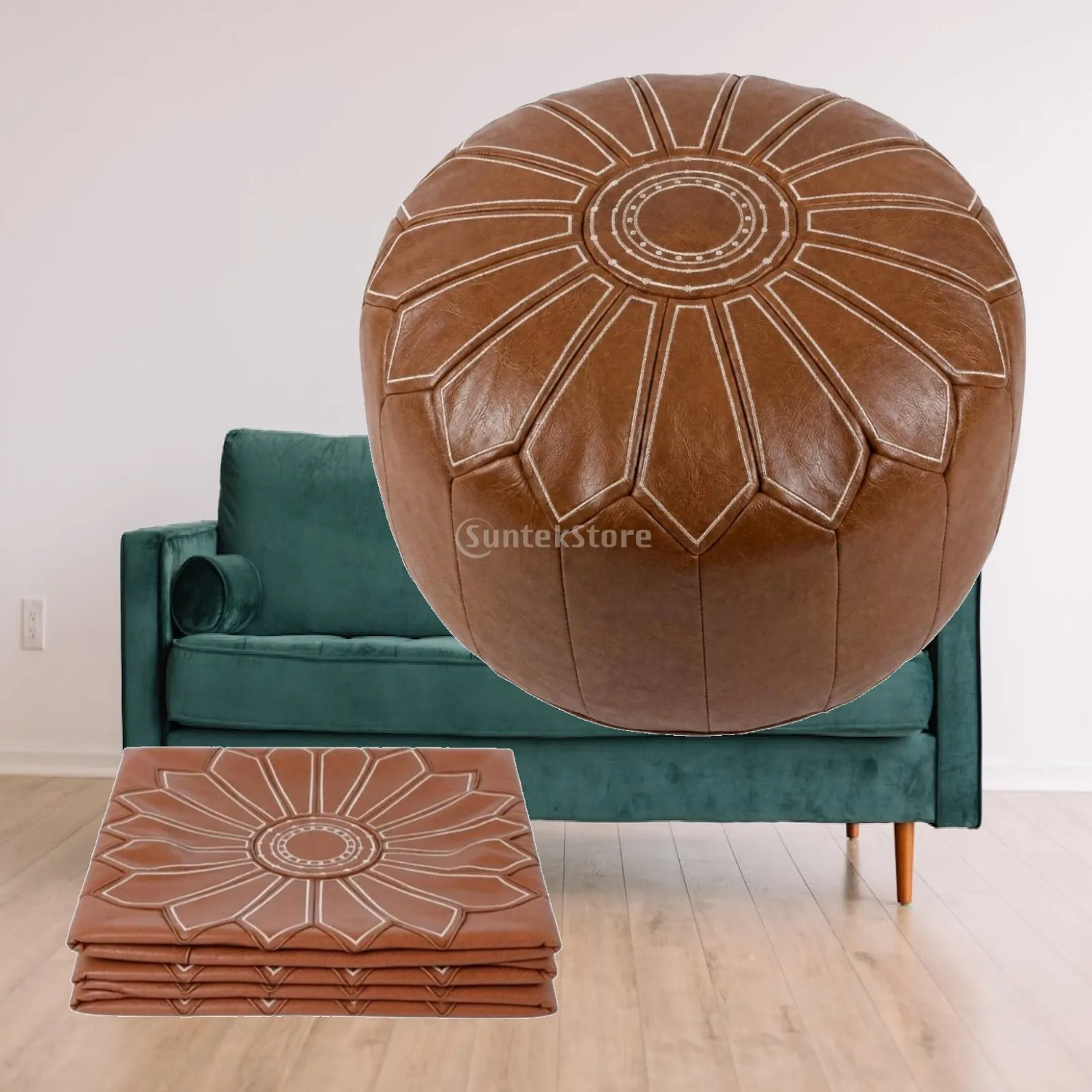 Pumpkin Shape Floor Cushion Cover with Radial Embroidery Stitched Panels for Living Room Seating Leg Rest and Shoe Changing