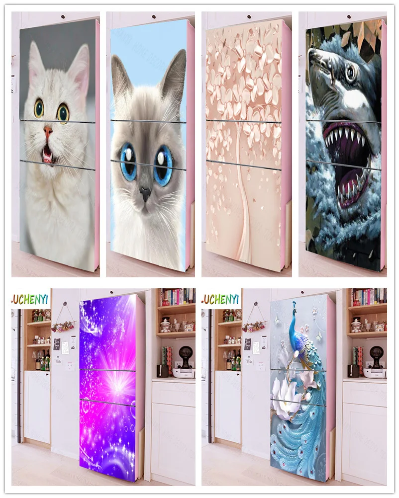 Papel de parede pink flower tree white cat peacock refrigerator sticker  door stickerkitchen fridge wallpaper mural , home decor