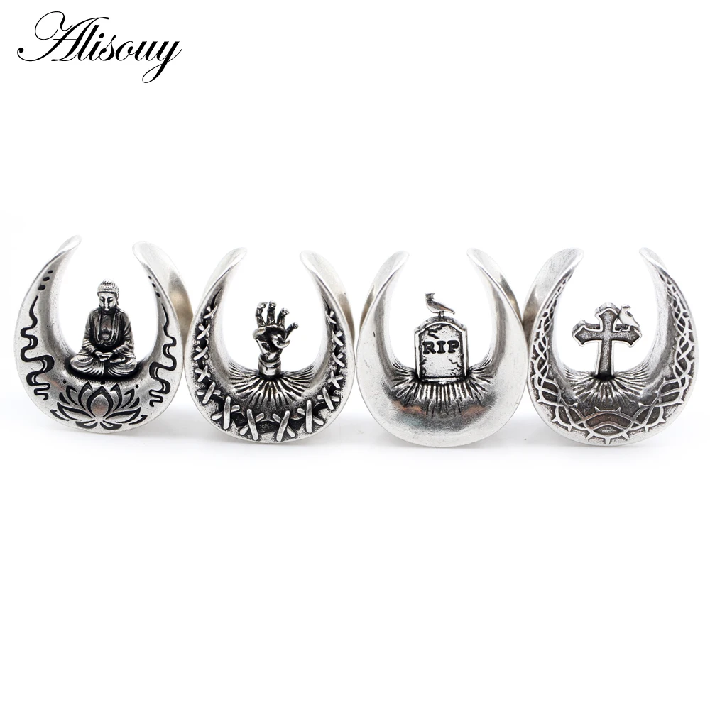 Alisouy 1PC Alloy Casting Cross Buddha Palm Bird Saddle Ear Tunnel Plug Expander Stretcher Gauges Earrings Piercing Body Jewelry