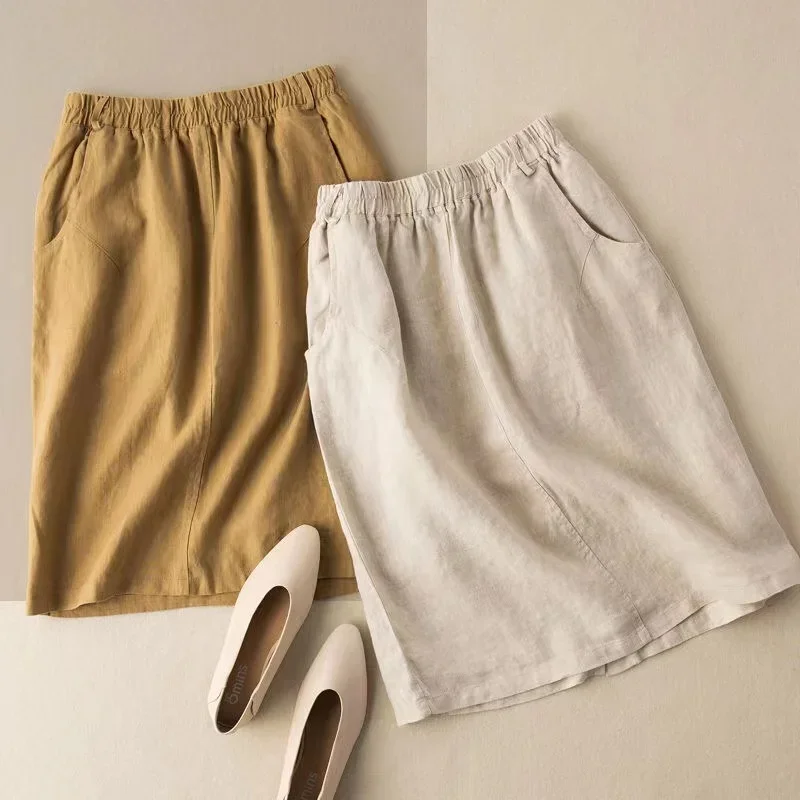 Cotton Linen Half Skirt Female Large Size Summer New Fashion Literary Open Pocket High Waist A Word Package Hip Skirt E5156