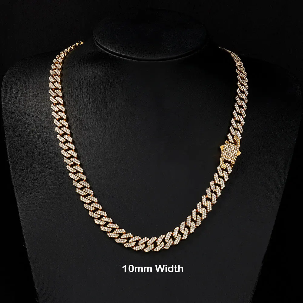 NY Stainless Steel Iced Out Zircon 10/12mm Cuban Link Necklace Waterproof and non fading Bling Hip‑Hop For Men Women Jewelry