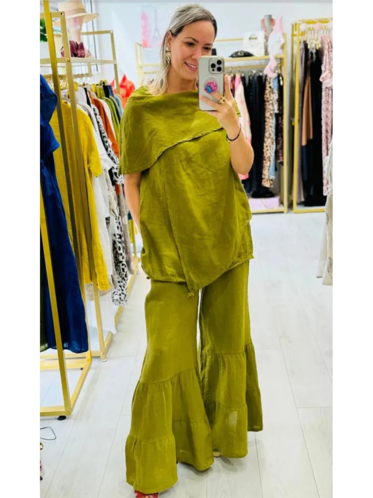 

Women's Fashion Loose Pocket Cotton And Line Two Piece Sets Spring Autumn Casual Sleeveless Irregular Trousers Set Ladies Suit