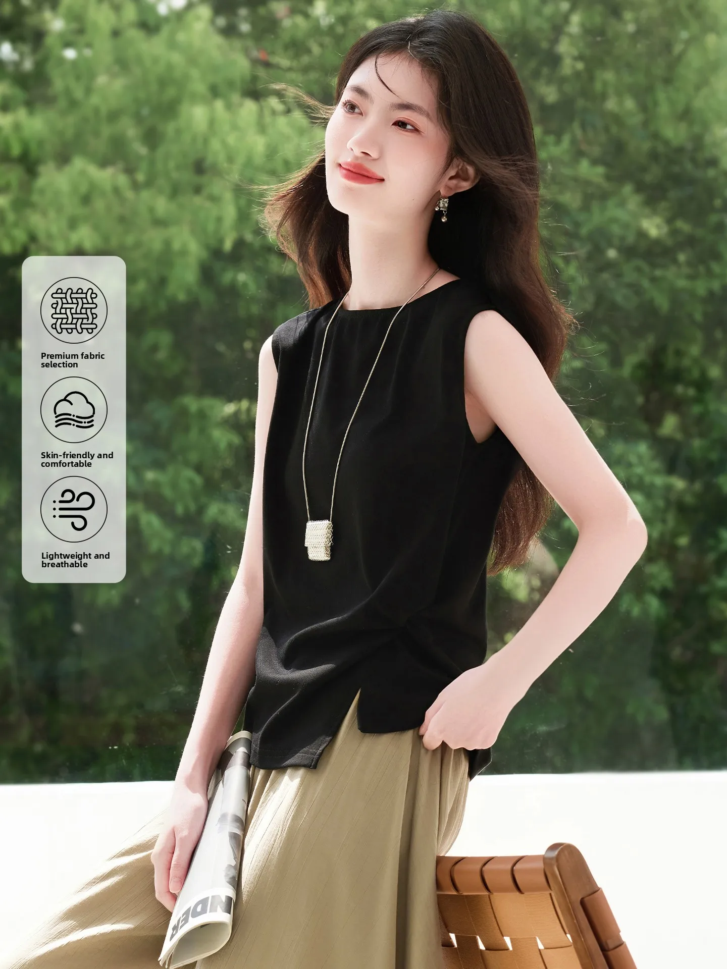 

Женская футболка Xin Fei Yu свободного кроя с круглым вырезом и коротким рукавом, летняя новинка 2026, повседневная, простая, черная, с разрезом