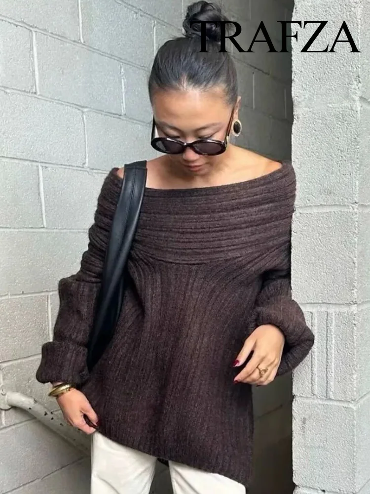 

TRAFZA Woman Streetwear Lazy Wind One-shoulder Dew Shoulder Solid Knitted Sweater Women Loose Long Sleeve Slim Pullover Top