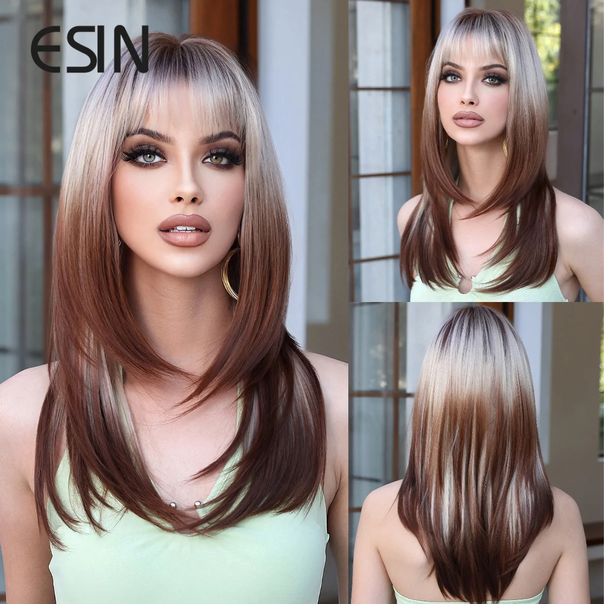 

ESIN Synthetic Purple Ombre Black Long Straight Wigs with Bangs Natural Cosplay Hair for Women Party Heat Resistant Fiber Wig