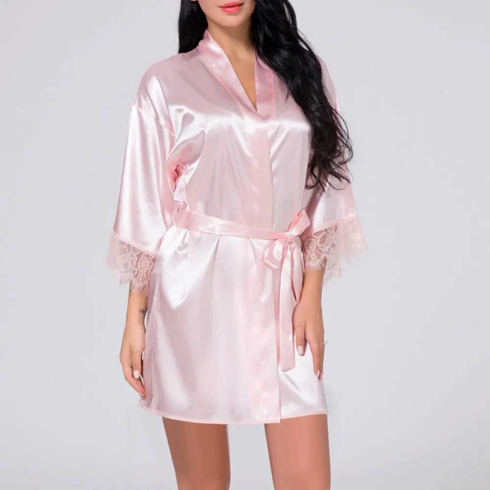 Women Sexy Lace Satin Lingerie Ultra-thin Translucent Nightdress Silky Smooth Nightwear Solid Mini Dress Breath Soft Sleepwear