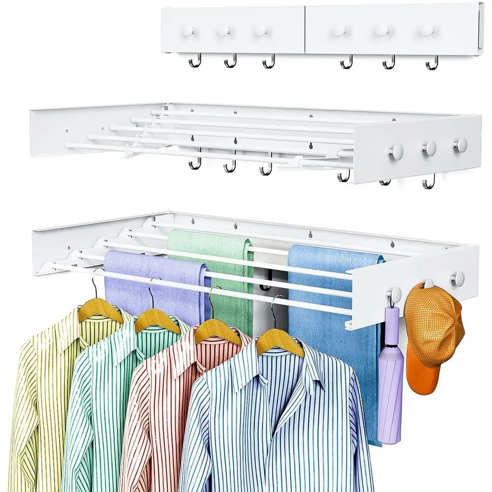 

Clothing Drying Rack Wall Mounted, Foldable, Collapsible, 60 lb Capacity, 5 Aluminium Poles, 6 Hooks, White, 31.5 Upgrade