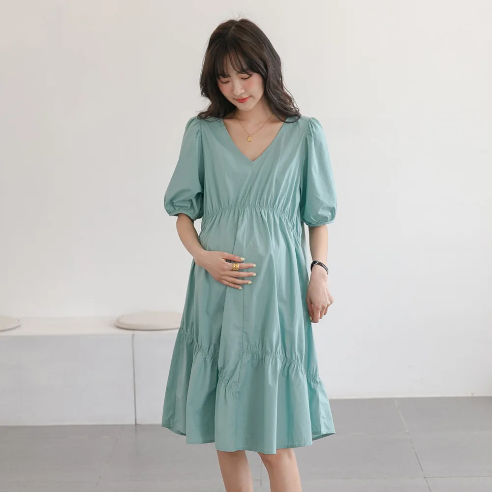 

Elegant Age-reducing Maternity Dress 2024 Summer New Style V-Neck Korean Version Loose Pregnant Women's Gown