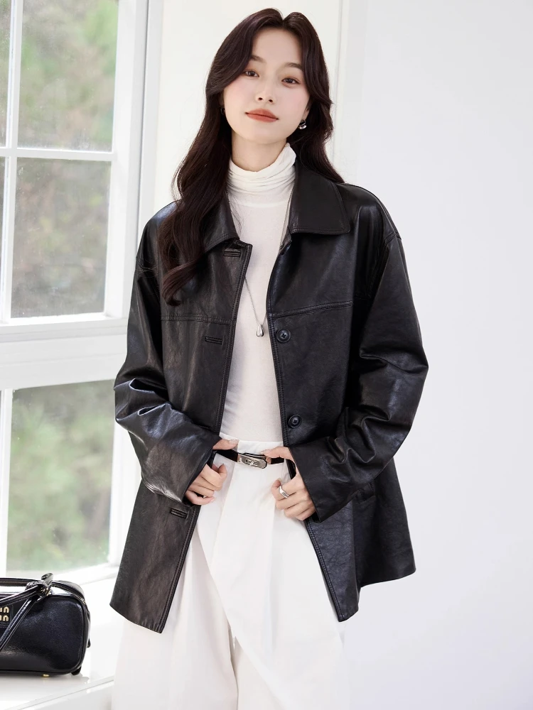 Casual Black Genuine Leather Windbreaker Jackets Women Spring Autumn 2025 New High-end Simple Soft Oil Wax Real Sheepskin Coat