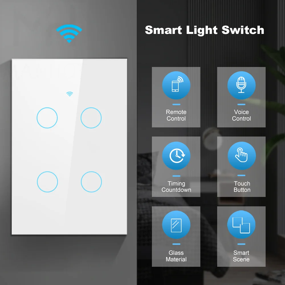 Tuya Wifi Smart Touch Light Switch US APP Wireless Remote LED Light Switches No Neutral Wire Required Work Alexa Google Home