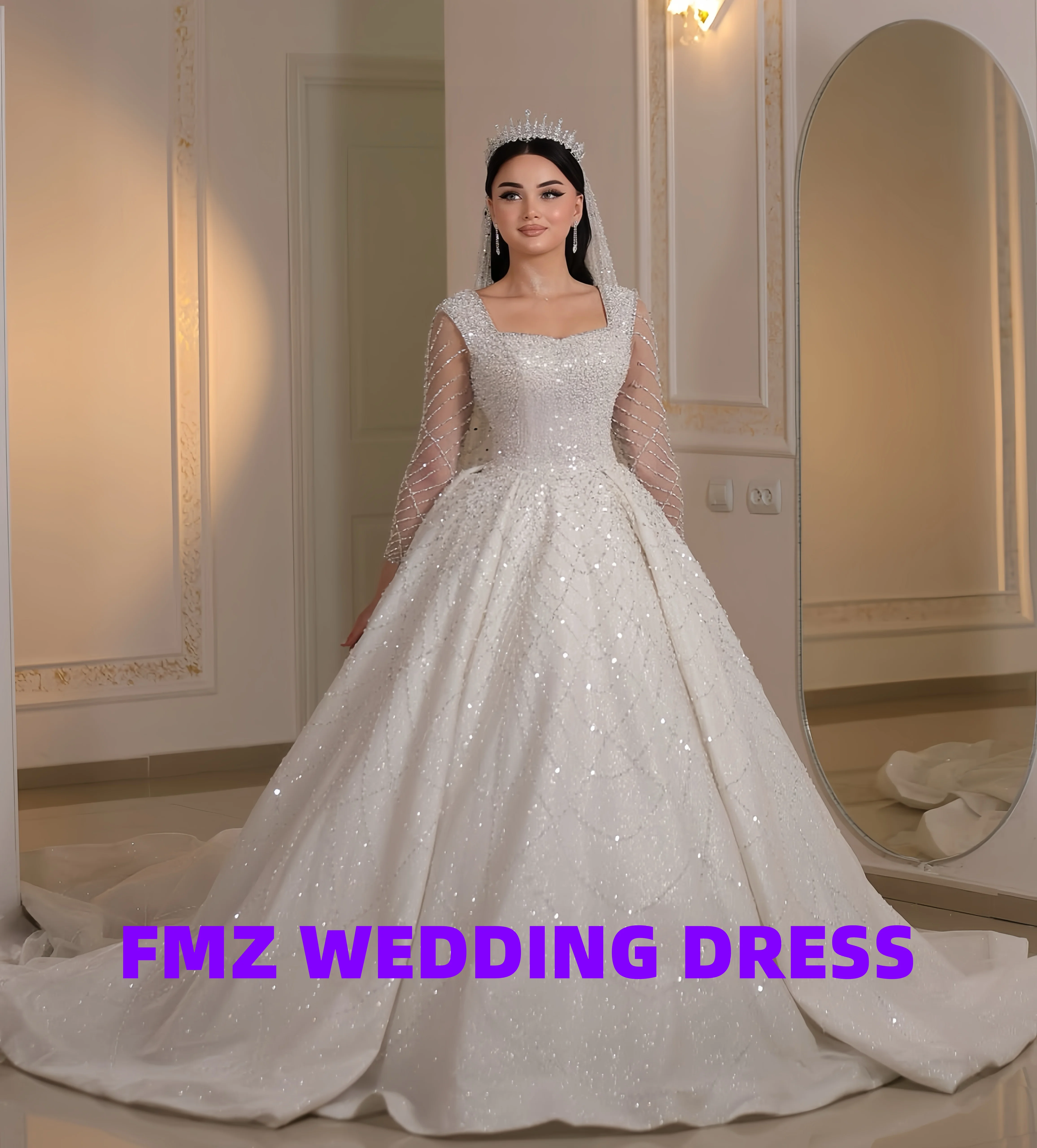 Aangepaste prachtige trouwjurk vierkante kraag lange mouwen kralen baljurk robe de mariee trouwjurk vestidos de novia