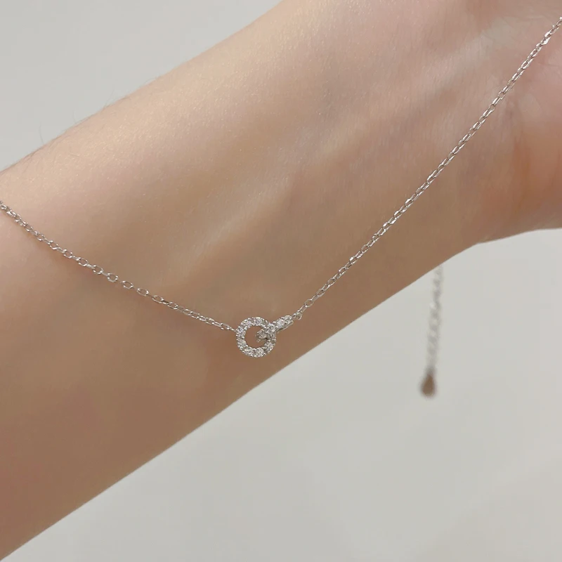 Neue S925 Silber Runde Halsband Zirkon Für Frauen Mode Kette Minimalistischen Dainty Doppel Kreis Anhänger Halskette Hals Edlen Schmuck – Detail 6