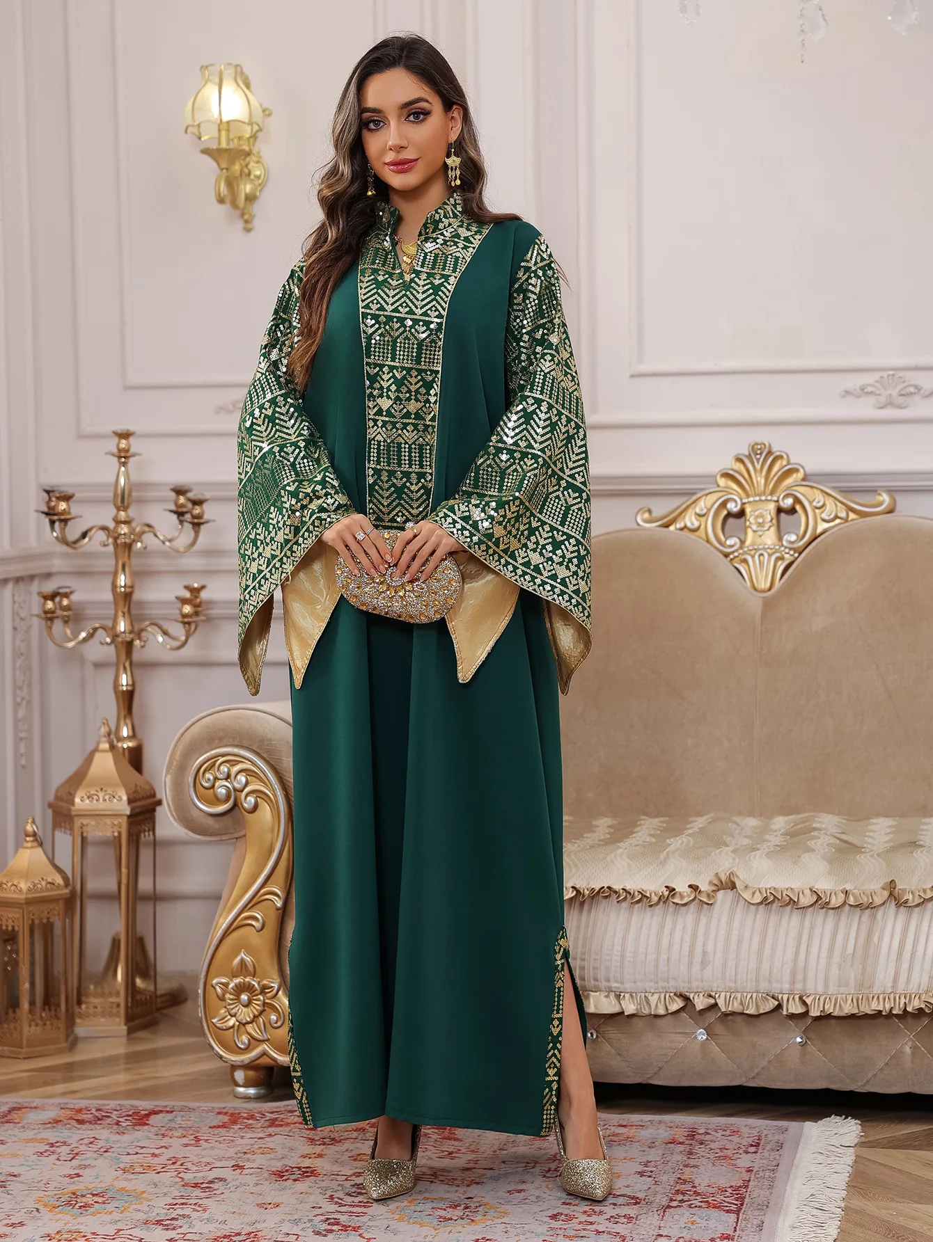 

Eid Dubai Abaya Luxury Sequin Embroidery Patchwork Evening Dresses for Muslim Women Split Sleeve Party Dress Kaftan Robe 2025
