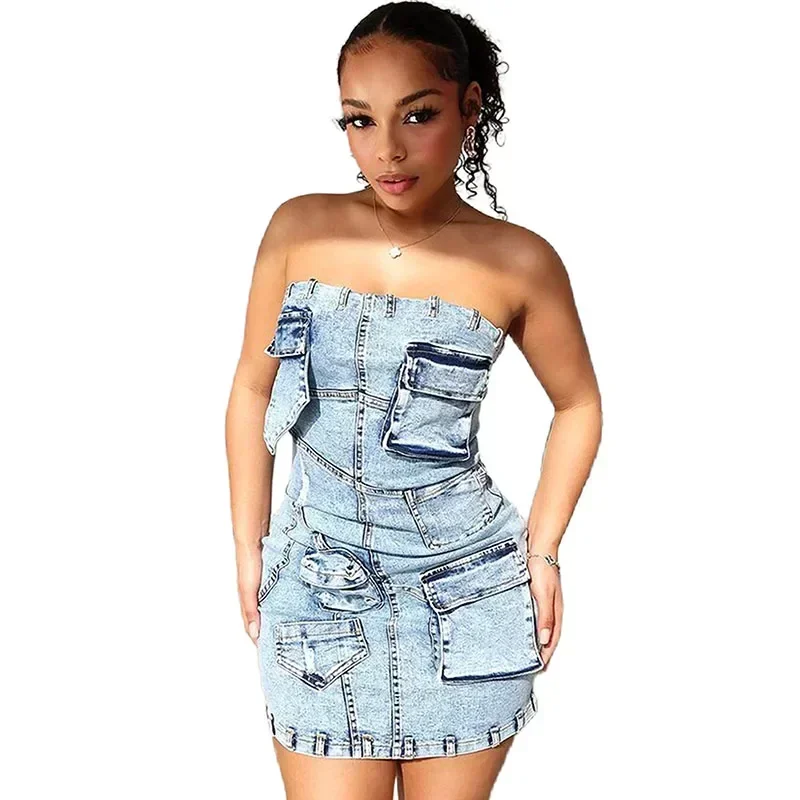 Streetwear Multi-pockets Denim Mini Dress Women Off Shoulder Sleeveless Backless Tube Strapless Sexy Bodycon Dress Jean Vestidos