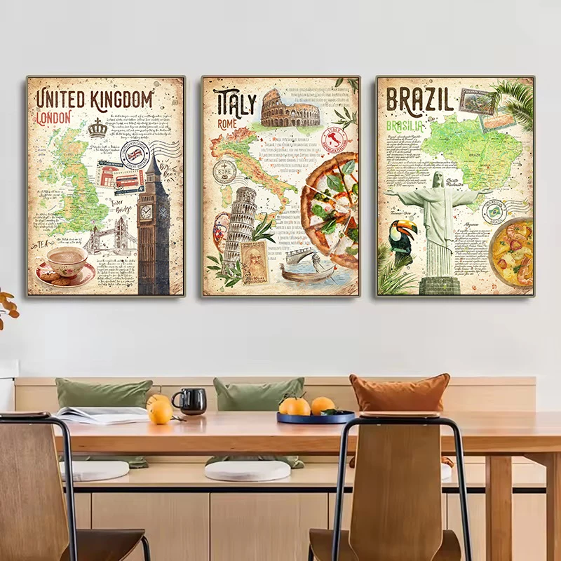 مجردة العالم الكلاسيكية الغذاء خريطة السفر الهندي والمكسيك واليابانية الغذاء المشارك حائط لوح رسم الفن صور ديكور المطبخ المنزل