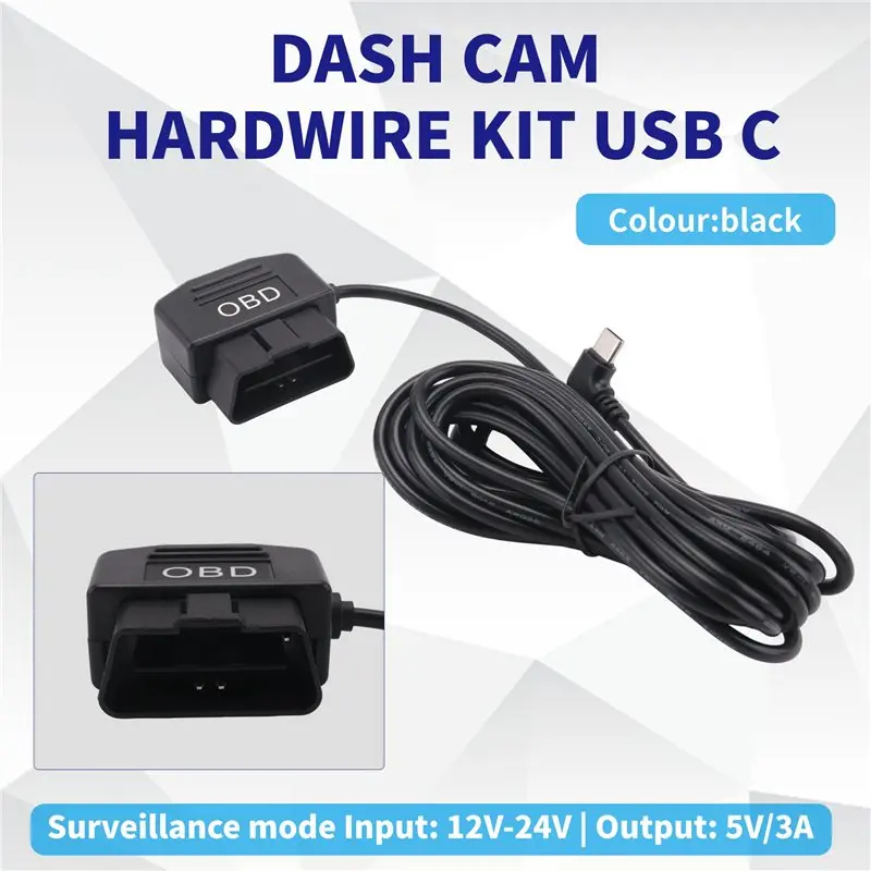 Dash Cam OBD Hardwire Kit,Dash Camera USB Type C Hardwire Kit With OBD Power Cable For Dashcam 12-24V To 5V/3A-M54K view 2