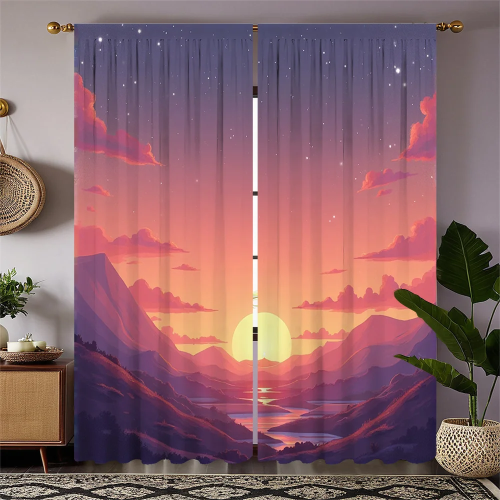 2pcs HD Digital Print Curtains - Cosmic Starry Sky Series, Sunset Mountain Landscape with Clouds & Stars, Semi-Transparent Polye