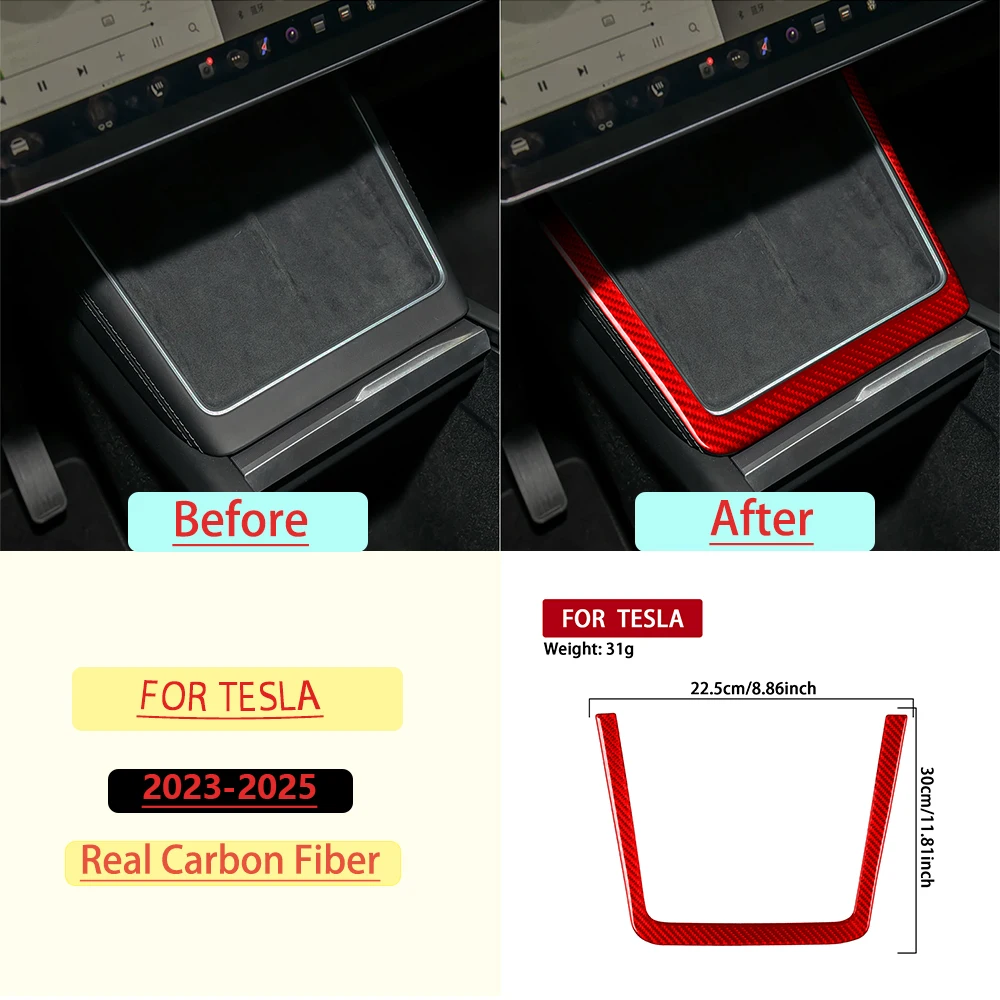 For Tesla Y 2023—2025 Car Wireless Charging Frame Trim Red Real Soft Carbon Fiber Interior Car Accessories Decoration Stickers