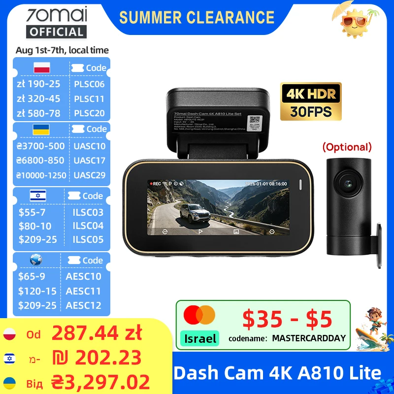 70mai Dash Cam A810 Lite 4K HDR + 1080P, Superkapasitor 4G LTE Kontrol Jarak Jauh Wi-Fi 6 GPS Kontrol Suara DVR Mobil 70mai A810 Lite