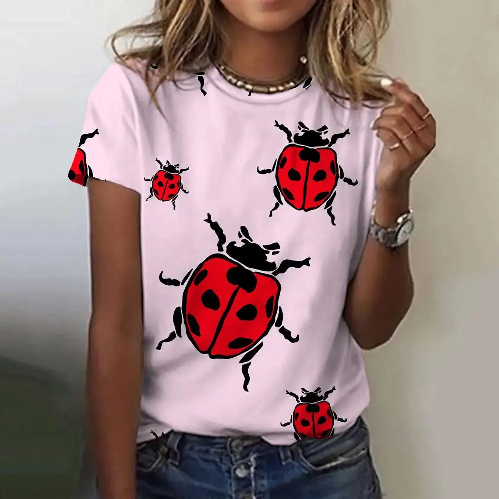 Ladybug Printing Women\'s T-Shirts Top Short Pullover Sleeved Fashion Street Round-Neck Tee Shirt Female Everyday Clothing Summer